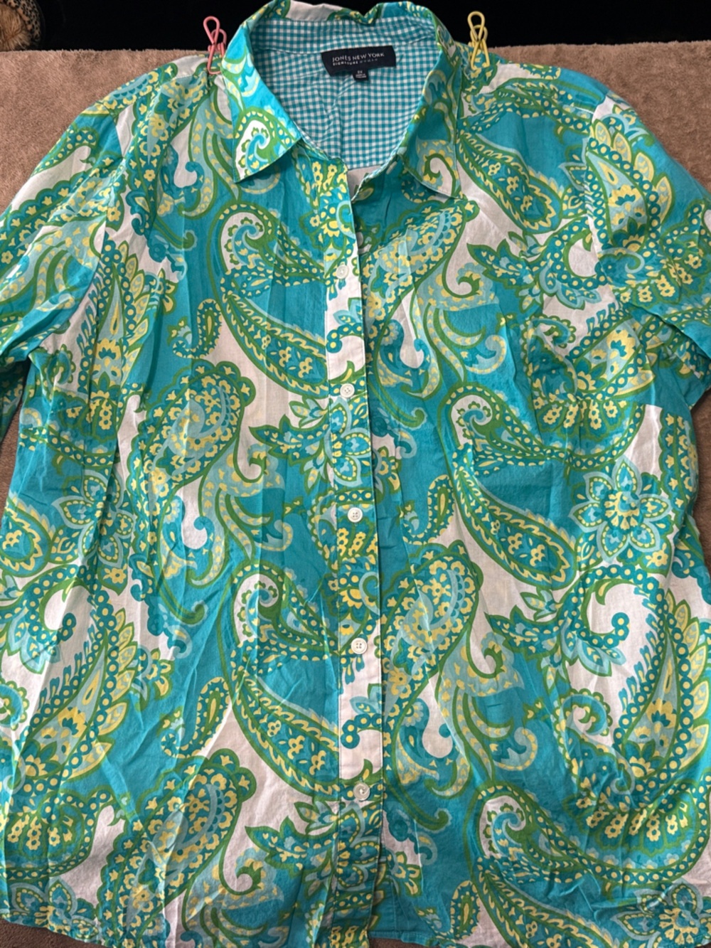 Jones New York Teal Gingham Button-Up Shirt